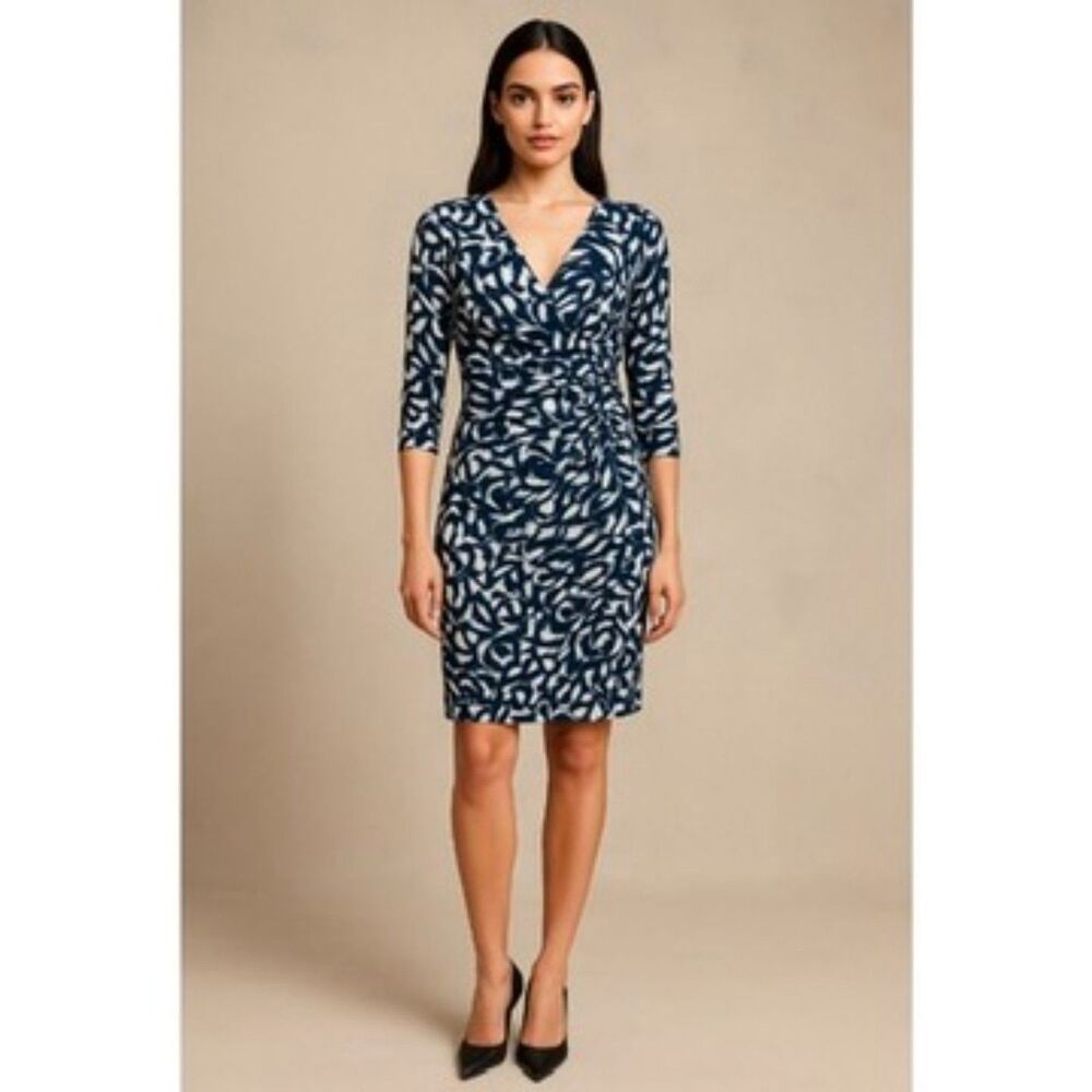 Lauren Ralph Lauren Navy White Abstract Print Ruched Faux Wrap Dress Size 10